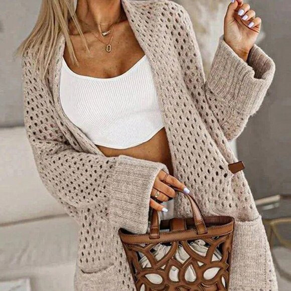 Sweaters - Apricot Casual Women's Solid Color Cardigan Sweater Jacket With Pockets
